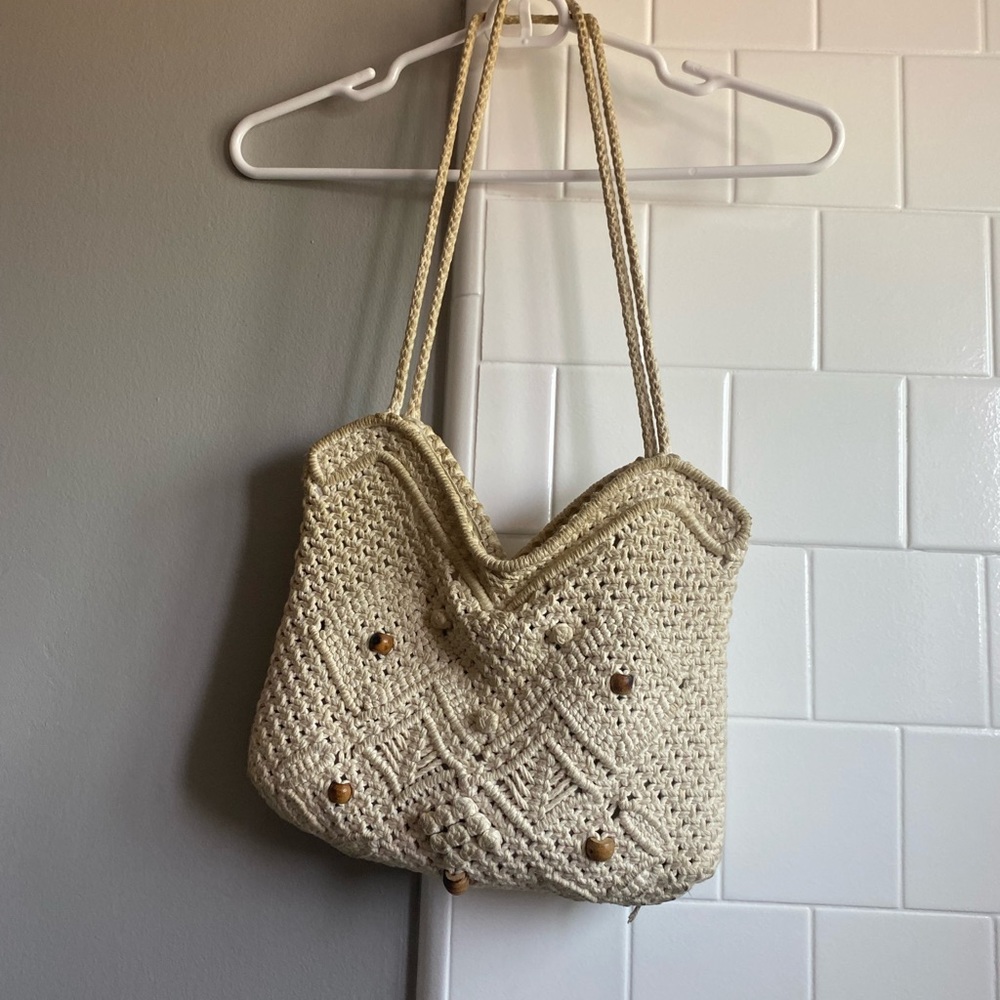 knit shoulder bag with beaded details